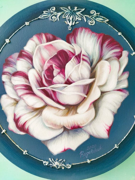 Painting, oil, acrylic on canvas with decorative elements of silver "rose"along with a round stretcher.