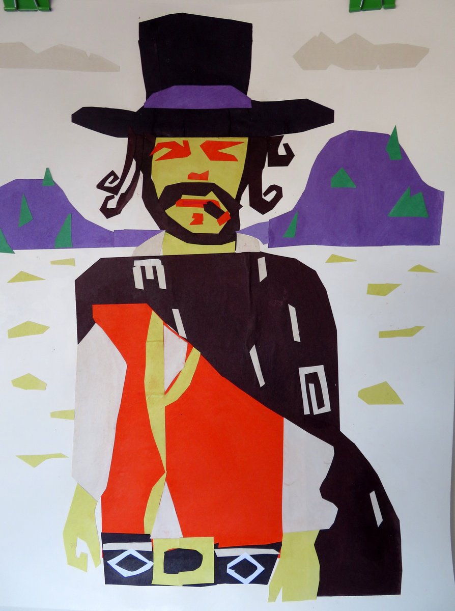 Portrait Collage By Stephen Abela, 22 X 28", Cowboy - Brown And Orange, Original Artwork