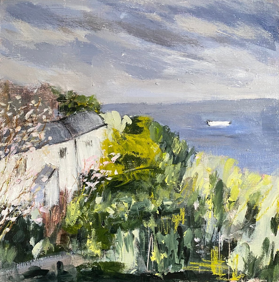 Impressionistic Landscape Painting By Nikki Wheeler, 12 X 12", Spring Light And Cottages, Original Artwork