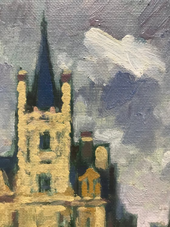 Original Oil Painting Wall Art Signed unframed Hand Made Jixiang Dong Canvas 25cm × 20cm Cityscape Wandering in The Town Centre Oxford Masked Rider Small Impressionism Impasto