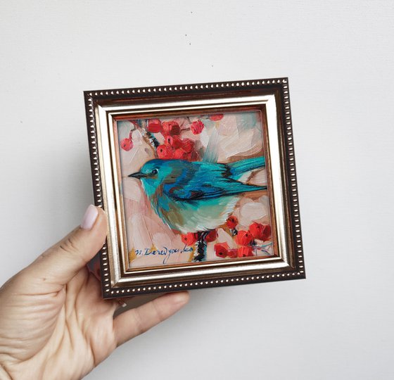 Blue bird painting original in oil 4x4, Bluebird art illustration small art framed, Bird lovers gift