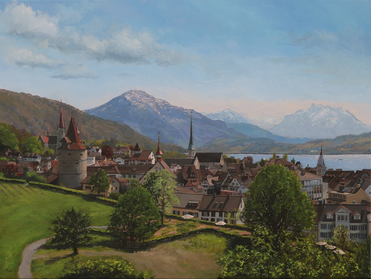 Cityscapes Oil Painting By Tom Clay, 31 X 24", Zug Old Town, Original Artwork