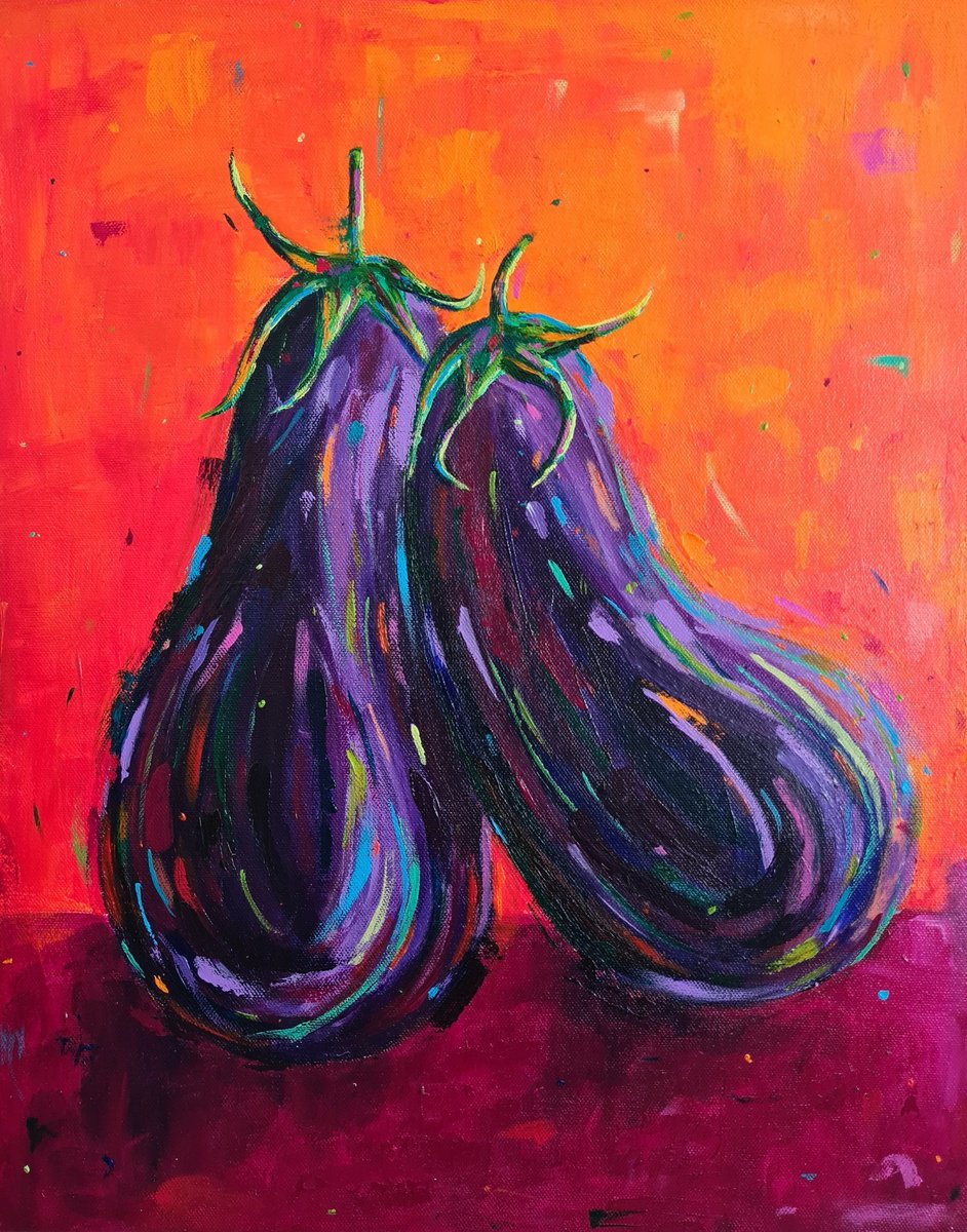 Impressionistic Still Life Acrylic Painting By Dawn Underwood, 16 X 20, Aubergines, Original Artwork