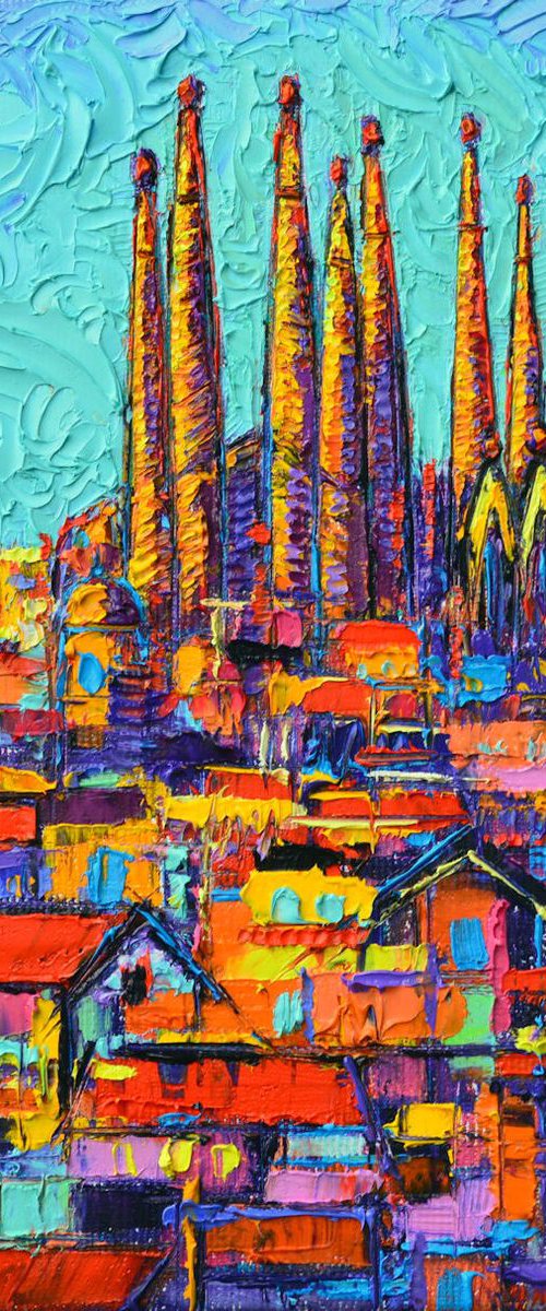 BARCELONA SAGRADA FAMILIA textural impasto impressionist abstract stylized city view palette knife oil painting by Ana Maria Edulescu by ANA MARIA EDULESCU