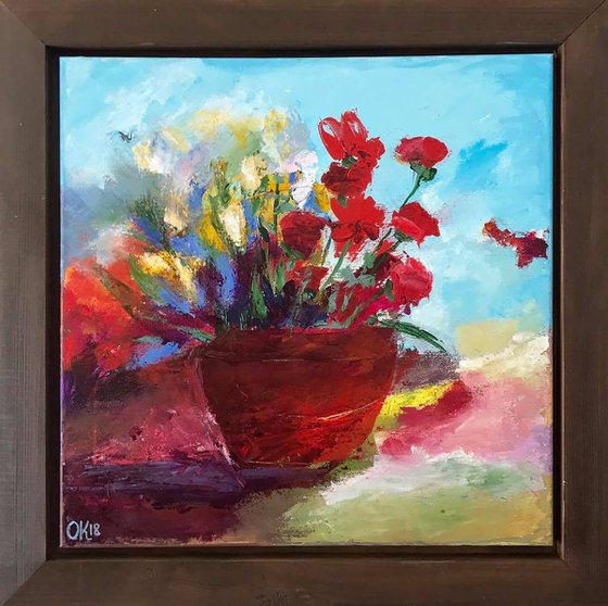 Flowers in a Red Vase