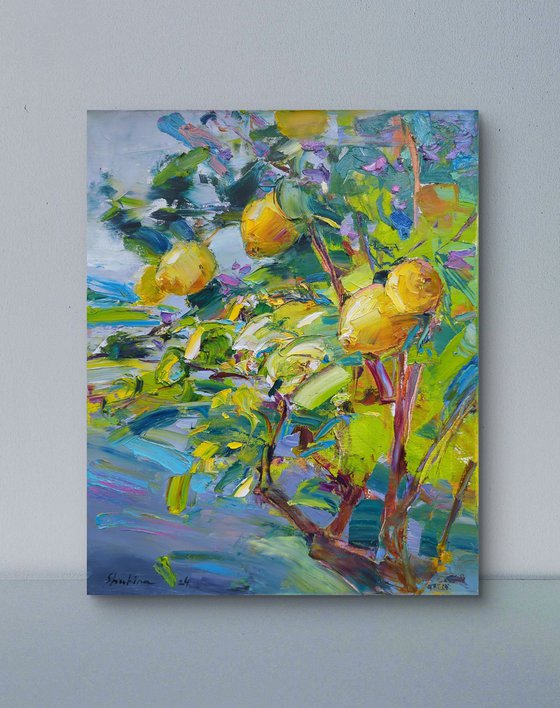 Lemon tree on grey blue