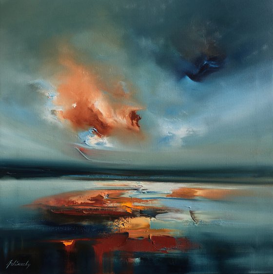 Silence Within - 60 x 60 cm abstract landscape oil painting in blue and red