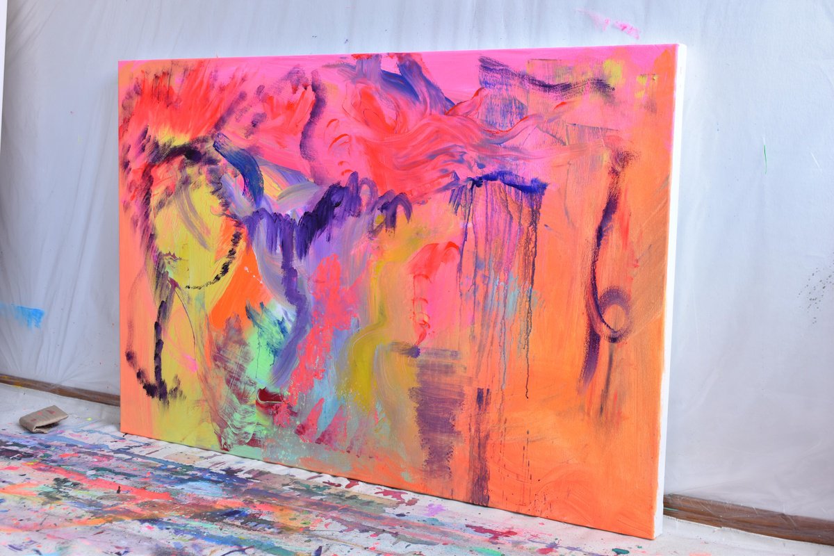 Abstract Acrylic Painting By Sebastian Merk, 47 X 31", Sunflower, Original Artwork