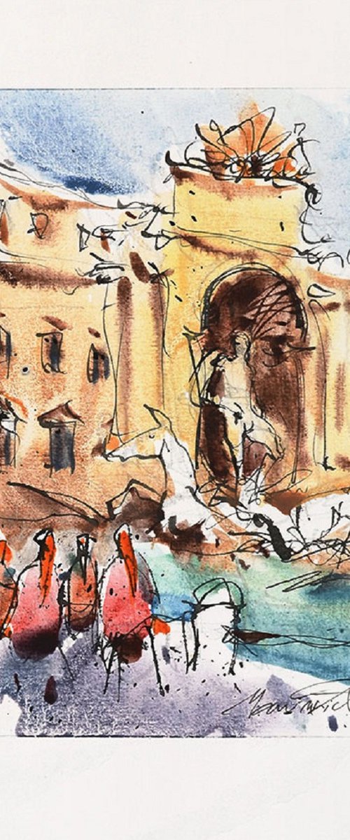 Rome, Trevi Fountain, Watercolor by Marin Victor