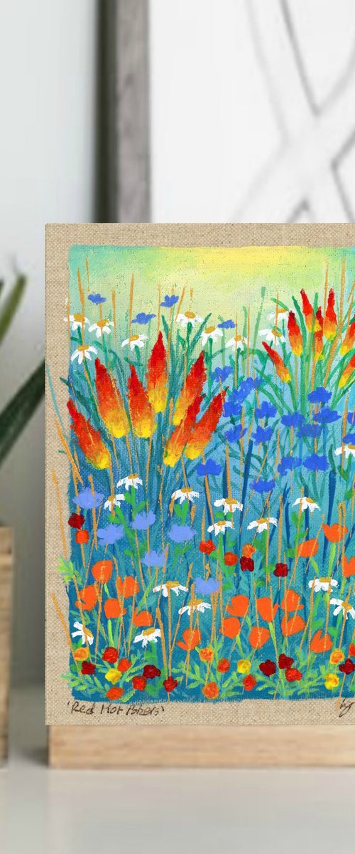 Poppies on Linen Panel with Gold by Lisa Mann