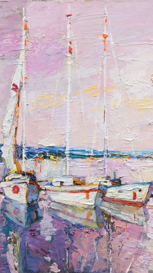 Sailing boats at sunset - Original landscape painting by Anastasiia Valiulina