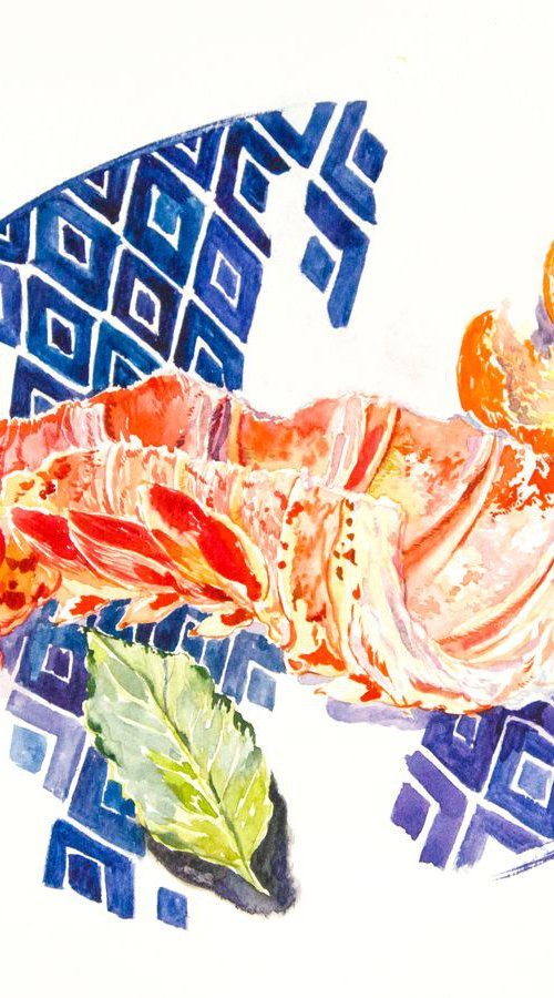 Watercolor still life with lobster shell by Daria Galinski