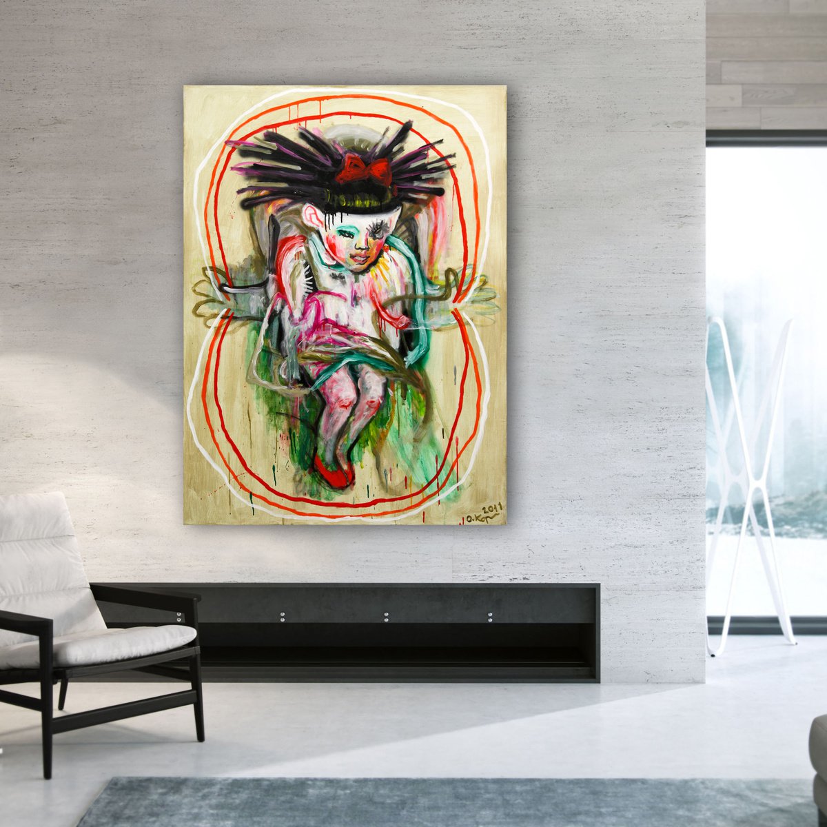 Expressive Portrait Acrylic Painting By Oleksandr Korol, 43 X 59", Skipping Rope, Original Artwork