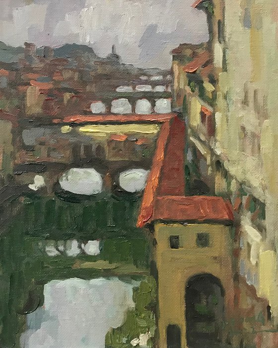Original Oil Painting Wall Art Signed unframed Hand Made Jixiang Dong Canvas 25cm × 20cm Cityscape Bridges in Florence Italy Small Impressionism Impasto