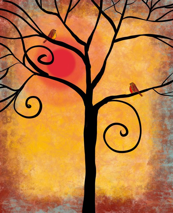 Birds of a Feather , cute lovebird tree artwork