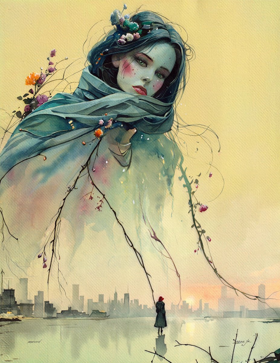 Photorealistic Portrait Watercolour By Reme Jr., 16 X 20", Girl And The City, Original Artwork