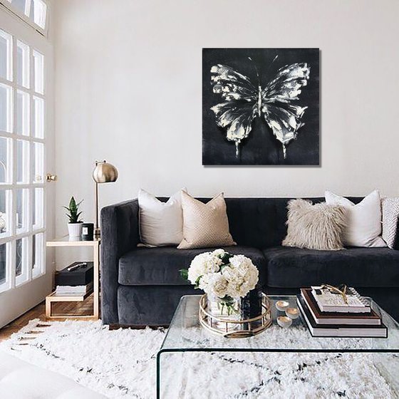 White and Black mother-of-pearl  butterfly. White and Black Abstract butterfly painting.
