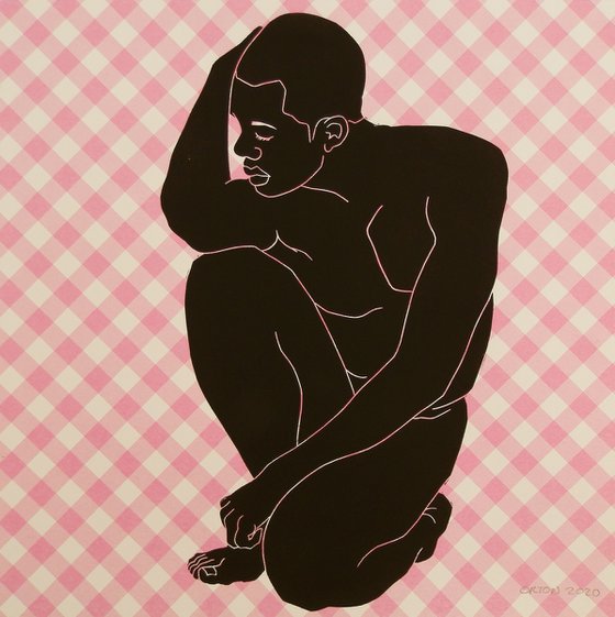 Crouching Male Nude Lino Cut Hand Pulled Print