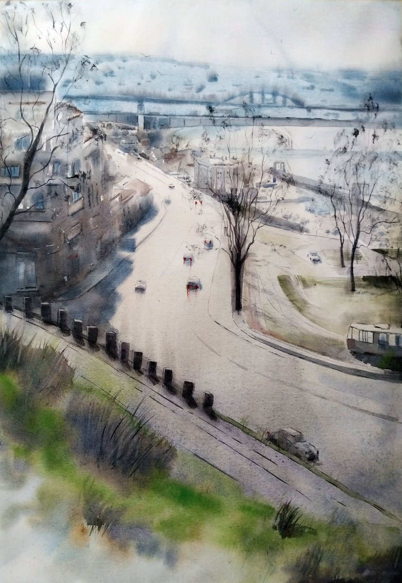 Impressionistic Cityscapes Watercolour By Nenad Kojic, 21 X 31", In Light And Green Belgrade, Original Artwork