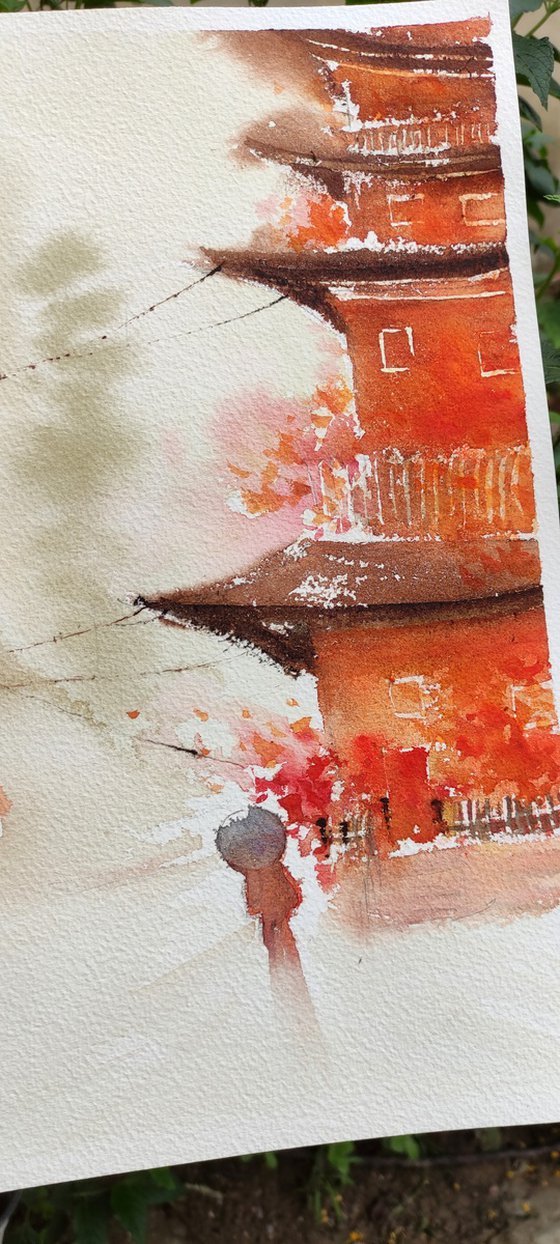 Japan Cityscape with Pagoda in Red Watercolour Original Painting