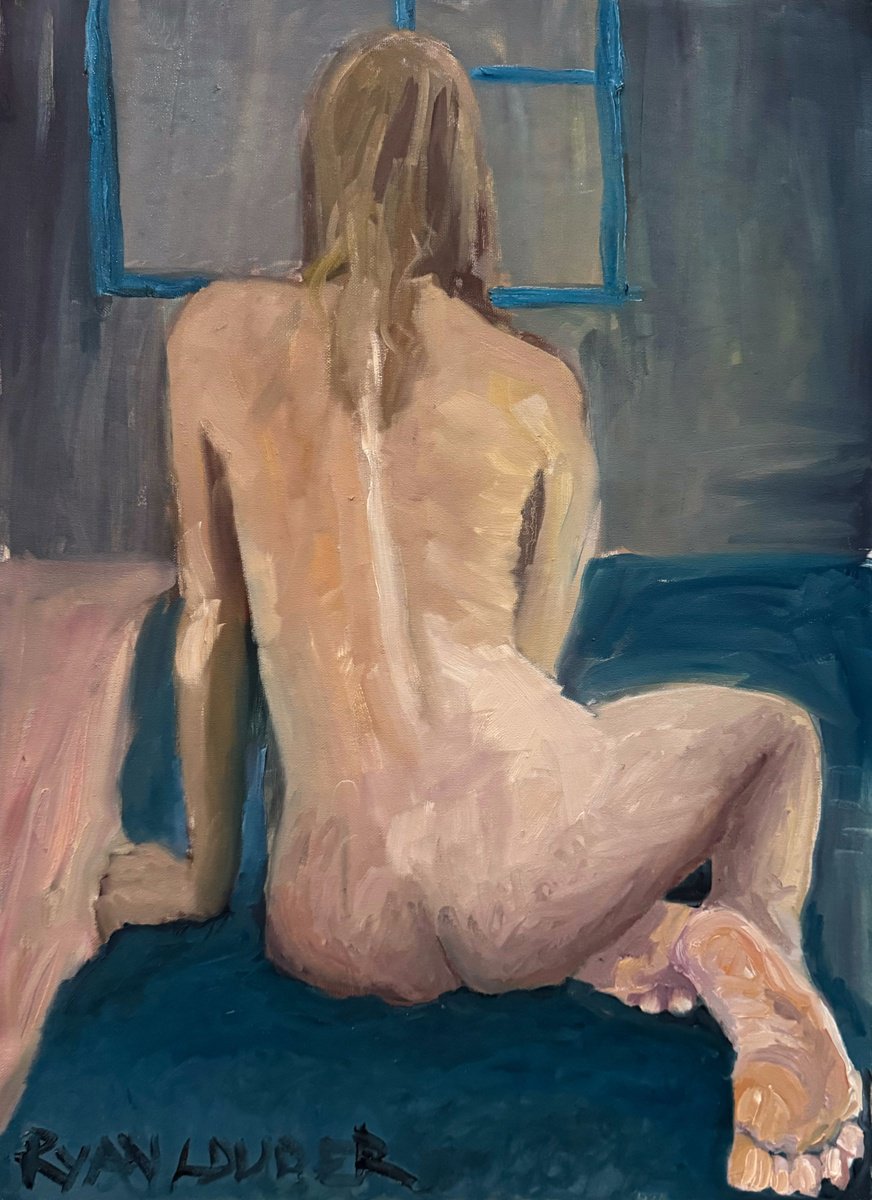 Impressionistic Portrait Oil Painting By Ryan Louder, 17 X 24", On A Blue Bed Out A Blue Wi..., Original Artwork