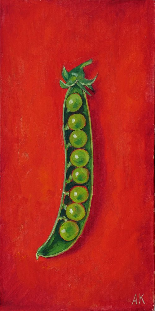 Green pea pod on red - good vibes oil painting by Alfia Koral