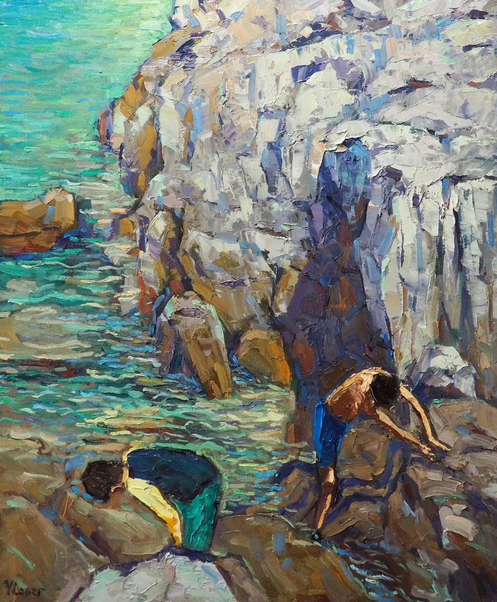 Impressionistic Landscape Oil Painting By Yuanyuan Liu, 21 X 26", The Boys On The Rocks, Original Artwork