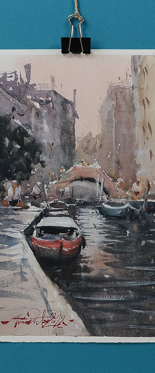 Sidewalk and Boat in Venice, Original Watercolor Landscape by Marin Victor