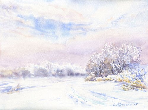 Winter morning / ORIGINAL watercolor 14x11in (38x28cm) by Olha Malko