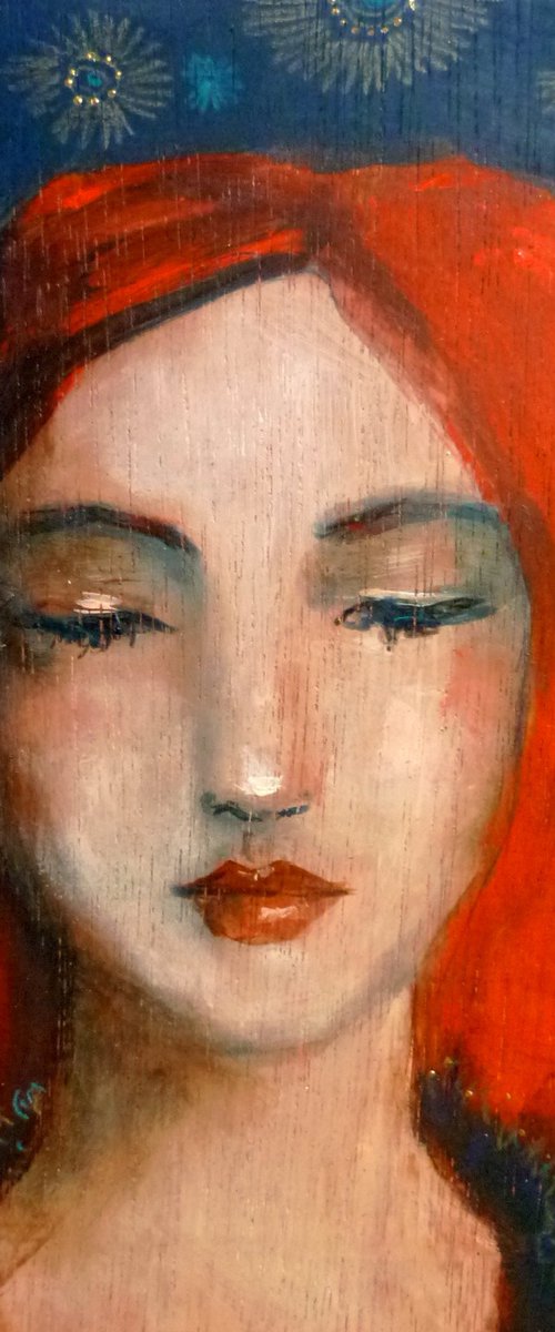 Blue spirit Madonna on wooden panel 20 x 20 cm. by Loetitia Pillault
