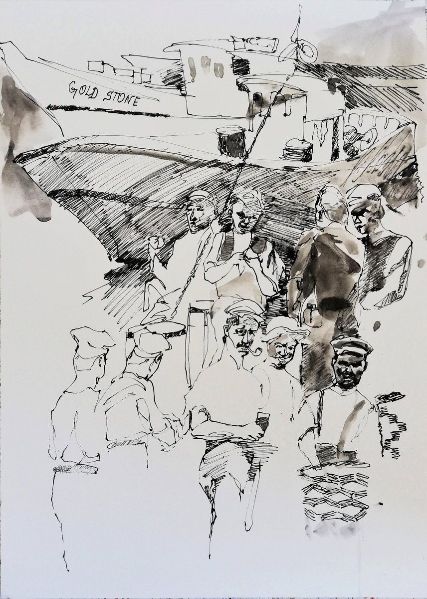 Impressionistic Portrait Ink Drawing By Jelena Djokic, 15 X 21, Sailors Taking A Break, Original Artwork