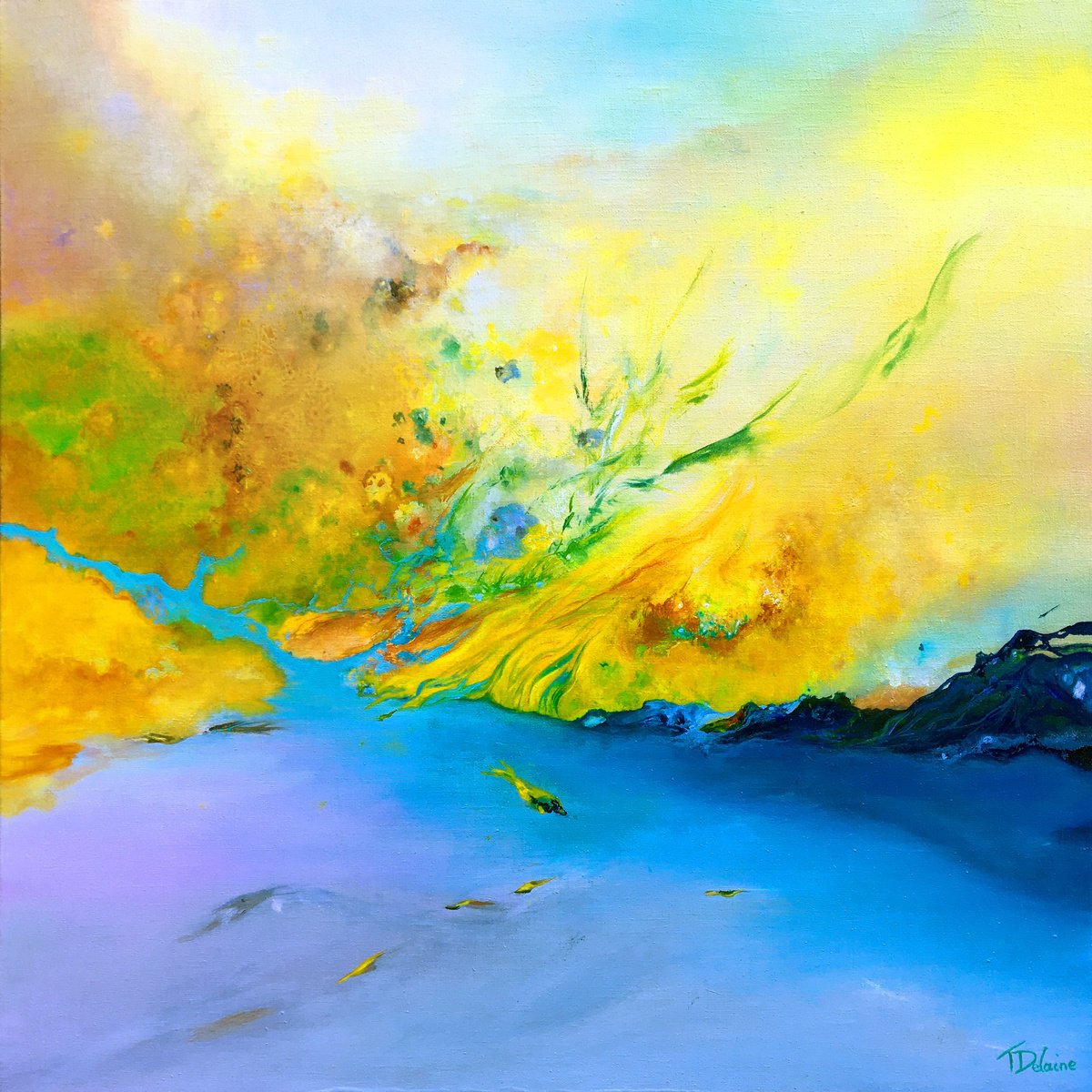 Organic Abstract Oil Painting By Theophile Delaine, 20 X 20", The Good Times, Original Artwork