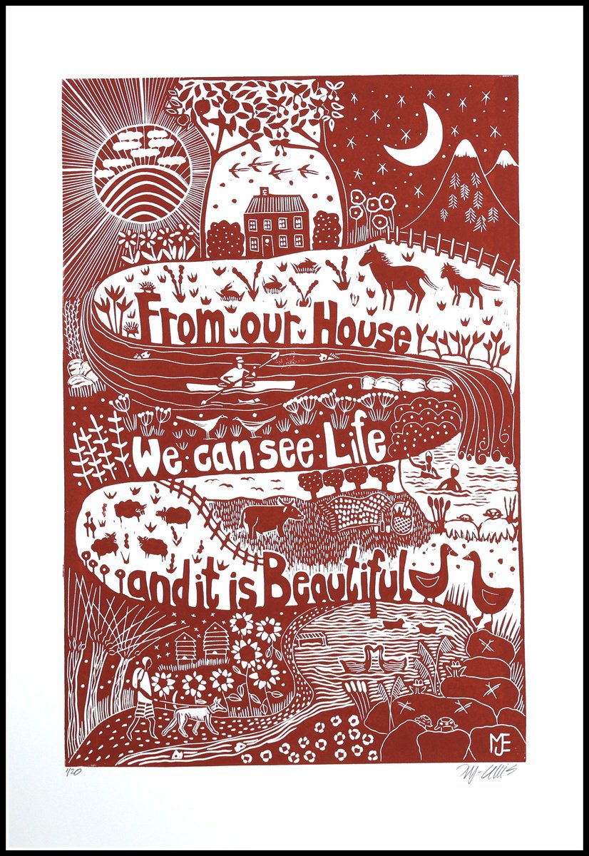Illustrative Landscape Linocut By Mariann Johansen-Ellis, 20 X 27", Life Is Beautiful, Original Artwork