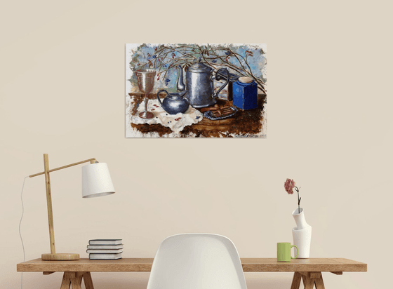 Blue Jar and Silver Service