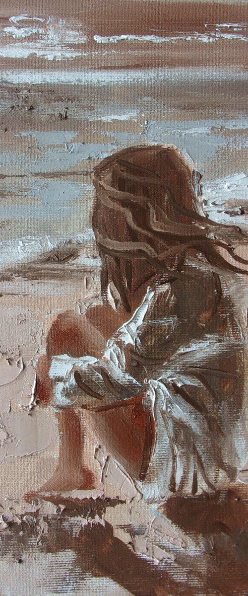 " EVENING ... " SUN SKY SEA SAND liGHt  ORIGINAL OIL PAINTING, GIFT, PALETTE KNIFE by Monika Luniak