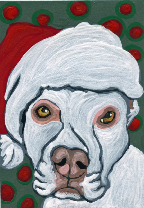 ACEO ATC Original Painting Christmas White Pit Bull Pet Dog Art-Carla Smale