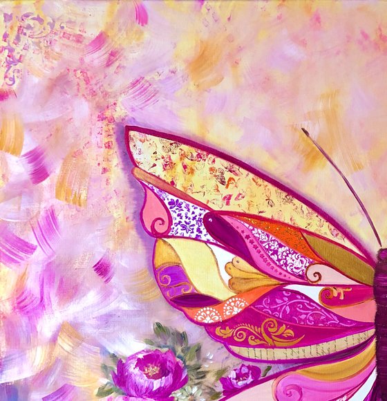 PINK URANIA - Big butterfly. Pink butterfly. Tropical butterfly. Abstract butterfly. Magic wings. Gold splashes. Steampunk style. Nature. Air. Flutters.