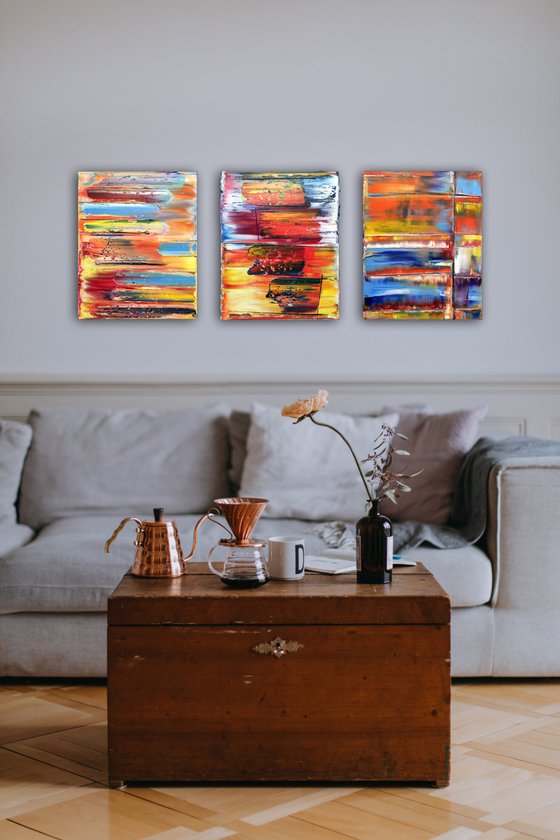 "Make Us" - FREE USA SHIPPING - Original PMS Abstract Triptych Oil Paintings On Canvas - 48" x 20"