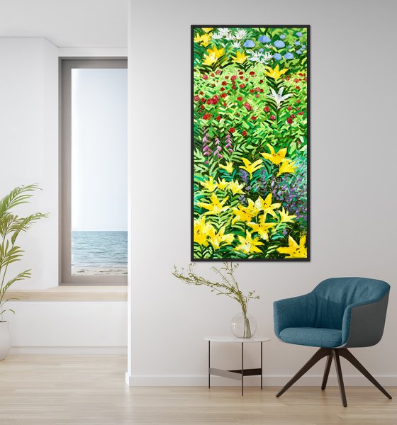 Large abstract flowers painting on canvas, garden floral