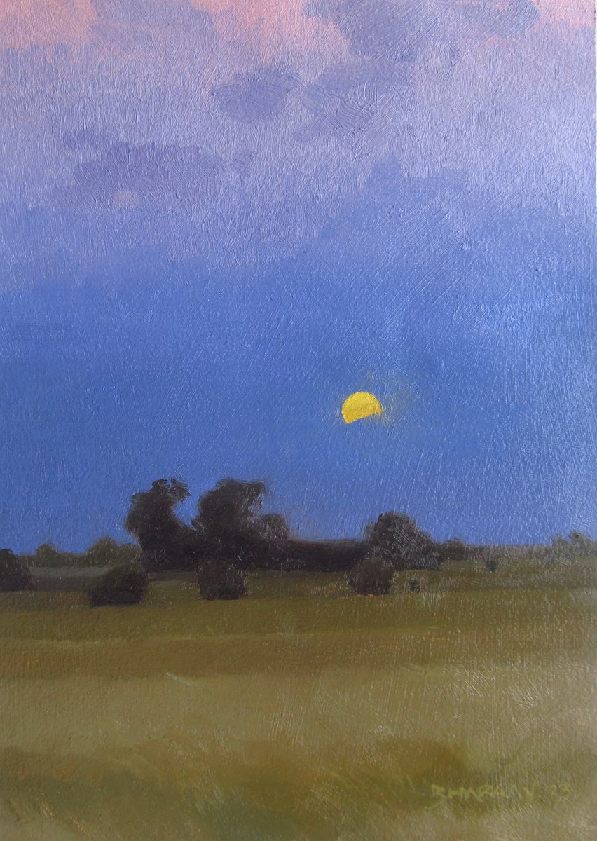 Impressionistic Landscape Oil Painting By Bhargavkumar Kulkarni, 8 X 11, Golden Moon, Original Artwork