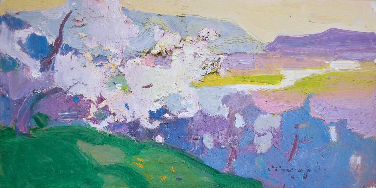 Impressionistic Landscape Oil Painting By Alexander Shandor, 19 X 10, Spring Bloom, Original Artwork