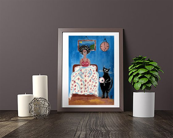 Cat Painting Woman Original Art Pet Artwork Animal Wall Art 8 by 12" by Halyna Kirichenko