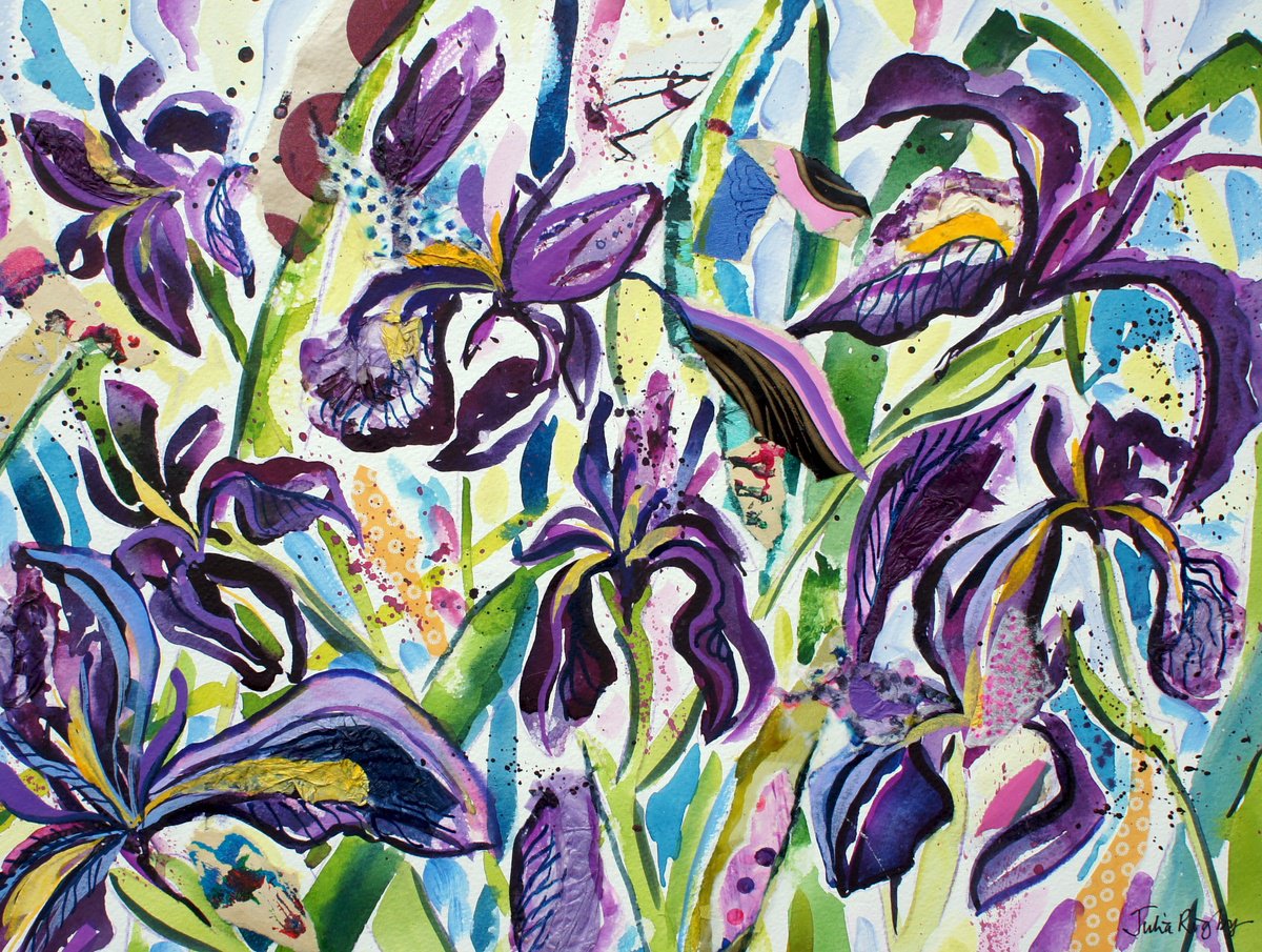 Impressionistic Botanical Painting By Julia Rigby, 17 X 13", Purple Iris, Original Artwork