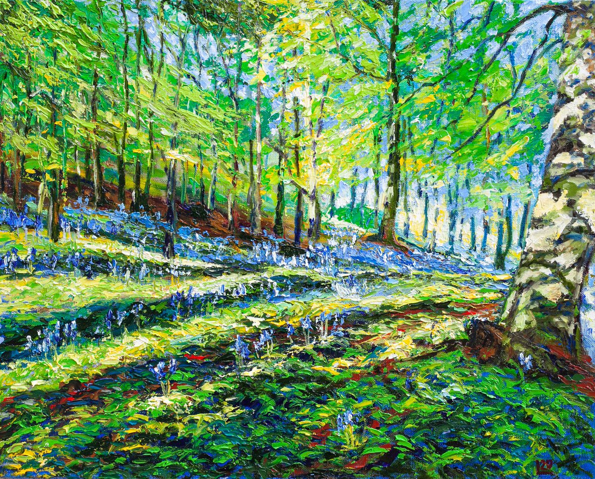 Impressionistic Landscape Oil Painting By Liudmila Pisliakova, 20 X 16", Bluebell Wood, Original Artwork