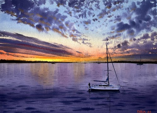 Sunset Seascape Watercolor Art. by Erkin Yılmaz