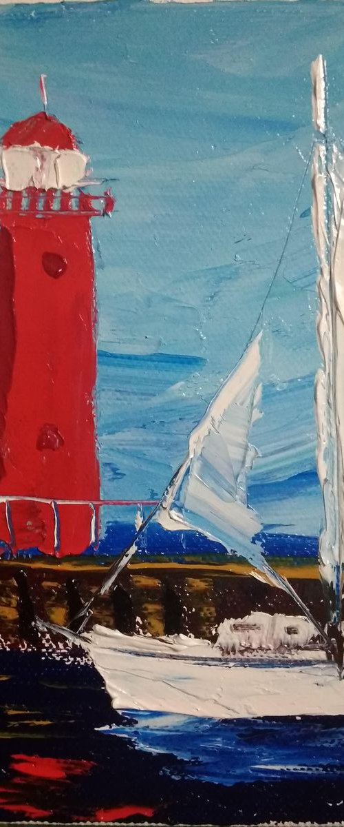 Sailing yacht and the red lighthouse by Dmitry Fedorov
