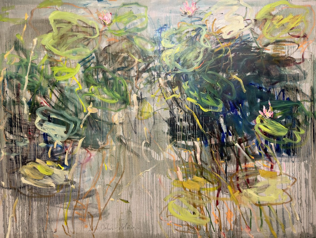 Expressive Abstract Oil Painting By Lilia Orlova-Holmes, 79 X 59", Lily Pond. Reflections., Original Artwork