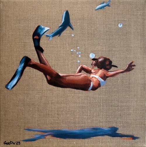 Snorkeling - Underwater Swimming Woman Painting by Daria Gerasimova