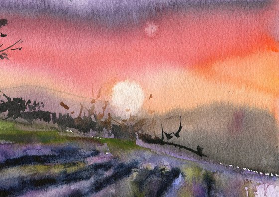 Lavender sunset, watercolor, 18,5x28 sm, deep colores, lavender, red, violet