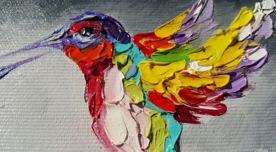 Little birds and big love - hummingbird, painting on canvas, animals oil painting, art bird, impressionism, palette knife, gift.